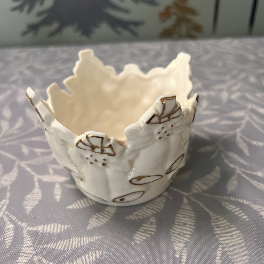 Vintage Porcelain White/Gold Wedding Christmas Bells Candle Holder Trinket
